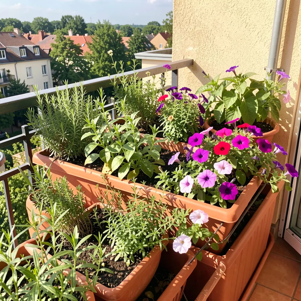Beautiful balcony garden with planter boxes full of herbs and flowers